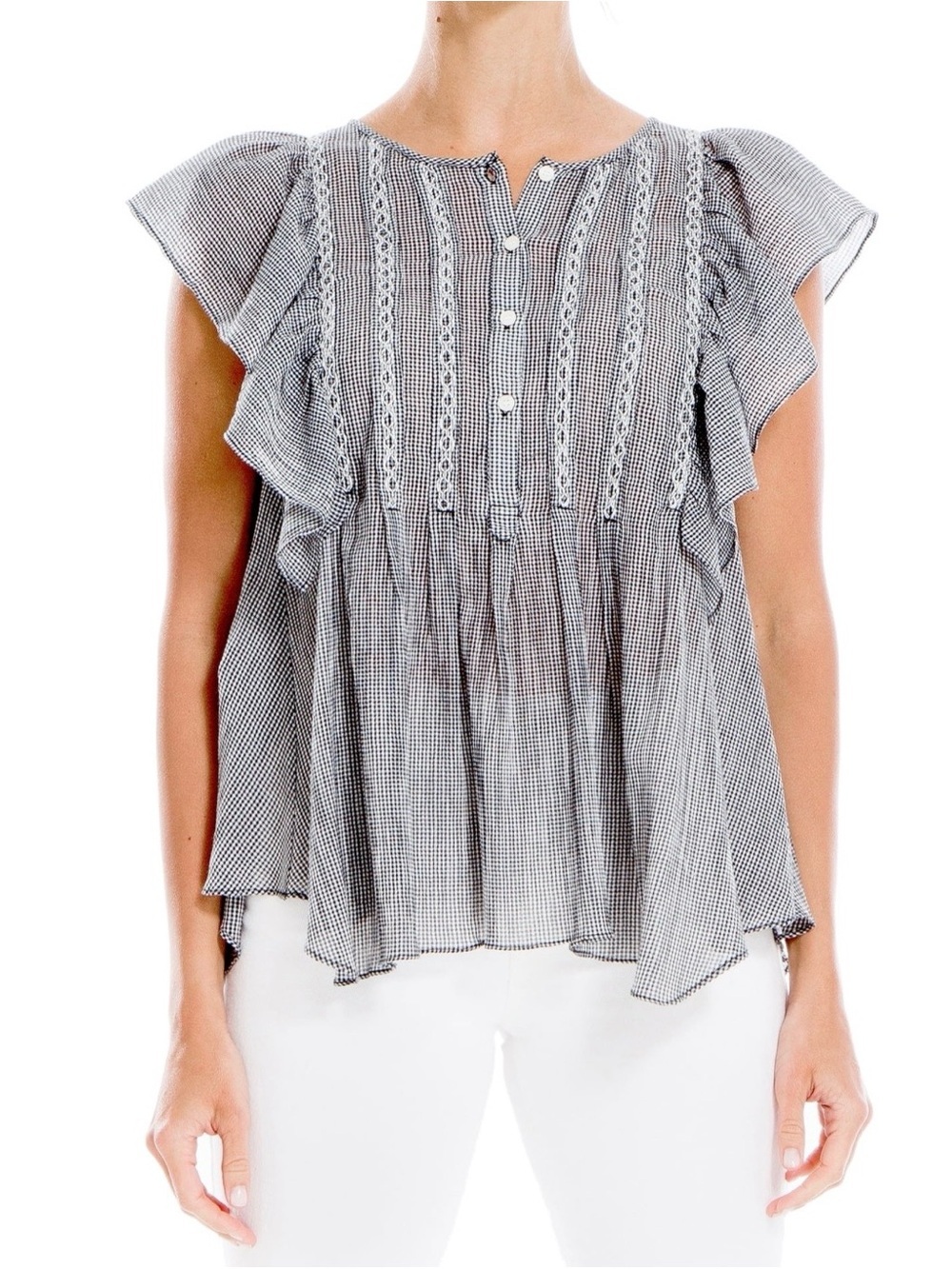 Studio Black-and-White Gingham Ruffle Button Front Blouse size s